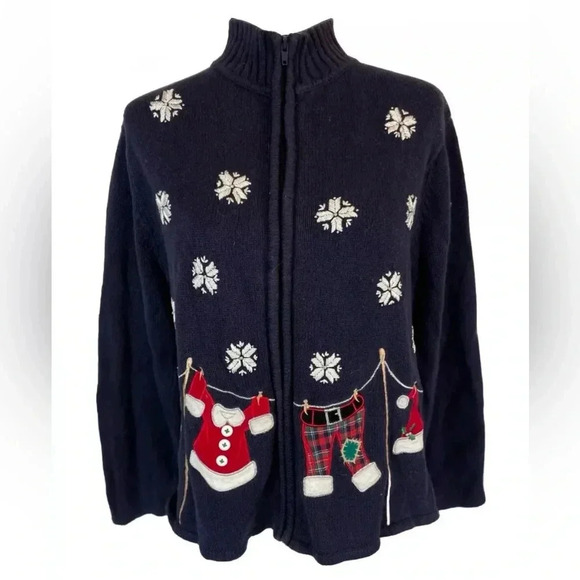 Crystal Kobe Blue Christmas Zip cardigan Sweater Santa's clothes snowflakes M - Picture 16 of 16